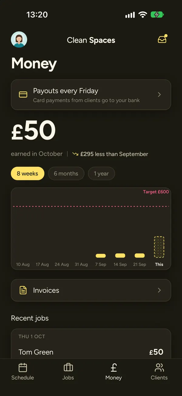 The Money screen with £50 earned in October, a weekly earnings chart and Payouts every Friday