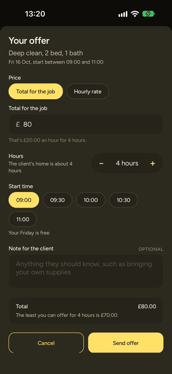 The offer sheet for a 4-hour deep clean, with a total for the job of £80 and the least the cleaner can offer, £70