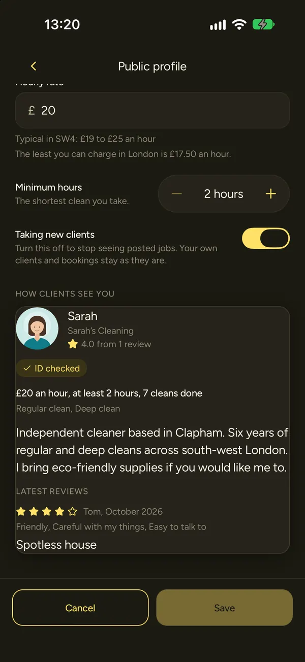 The public profile settings with the hourly rate, minimum hours and how clients see the cleaner: rating, ID checked badge and a review