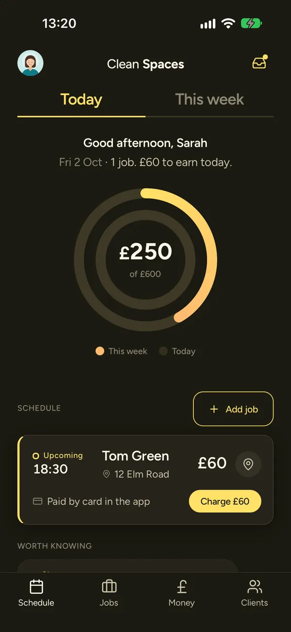 The cleaner app's Today screen with the earnings ring at £250 of £600 and an upcoming clean with a Charge £60 button