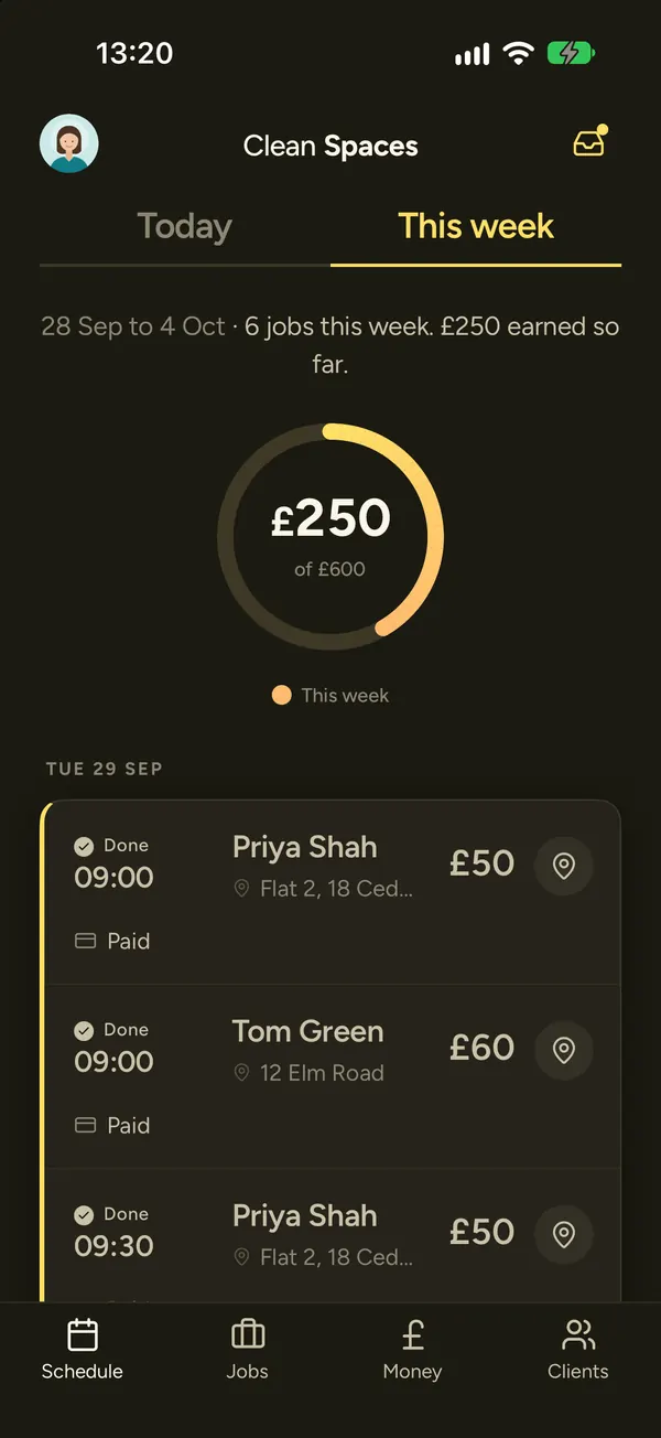 This week, with 6 jobs and £250 earned so far, and the cleans grouped by day