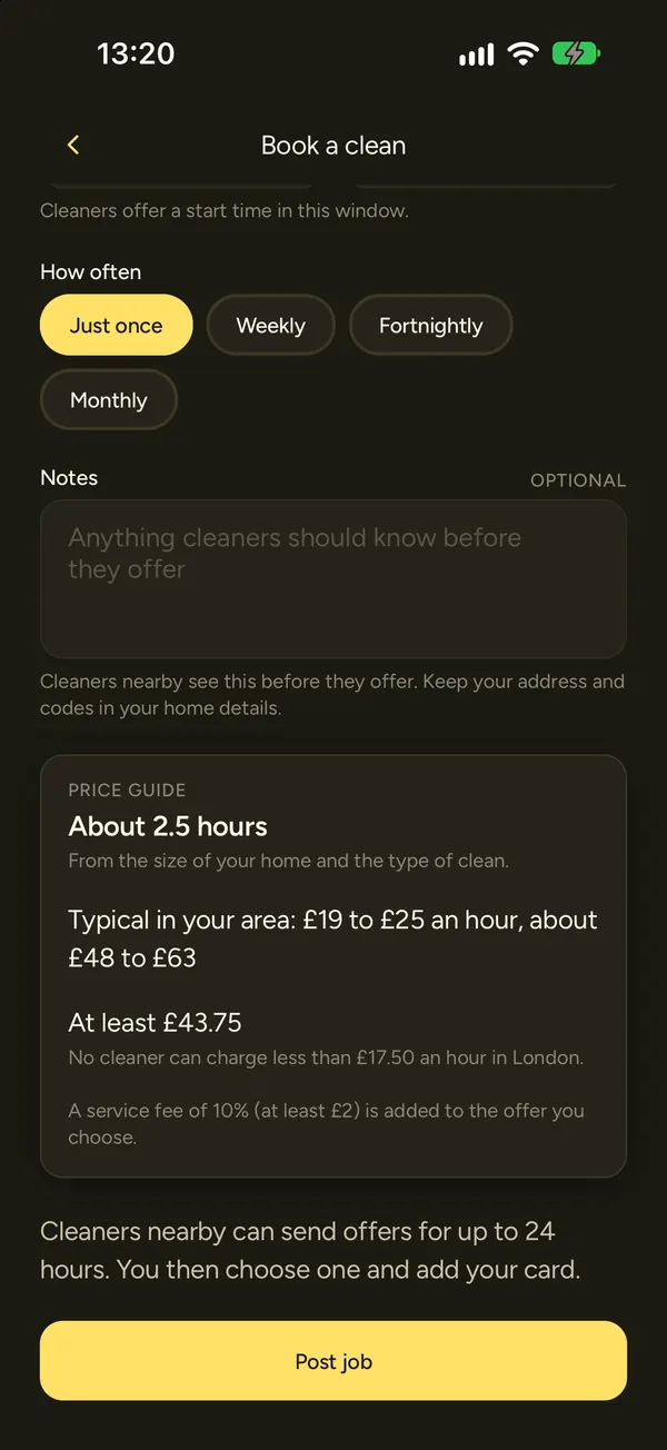 The Book a clean form with how often, a note for cleaners, the price guide and the Post job button