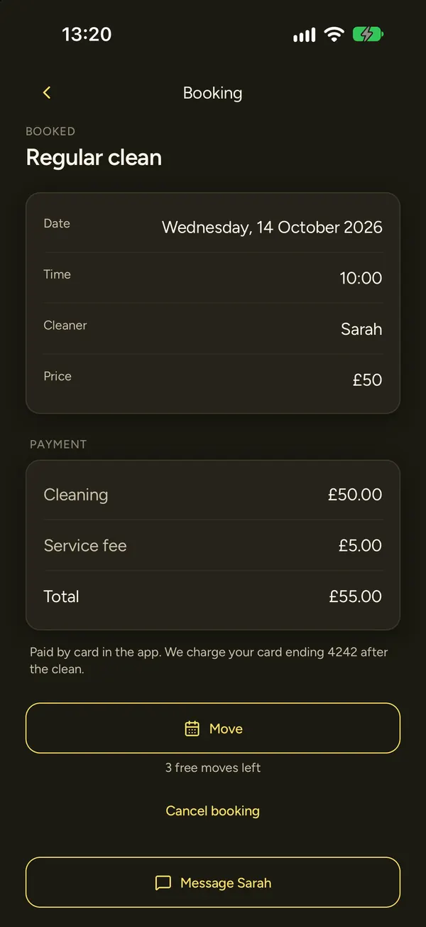 A booking for a regular clean on Wednesday 14 October, with cleaning £50.00, service fee £5.00 and total £55.00