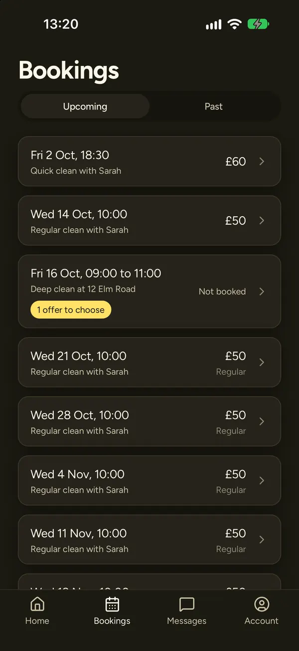 Bookings, with a quick clean, a regular weekly clean with Sarah and a deep clean with 1 offer to choose