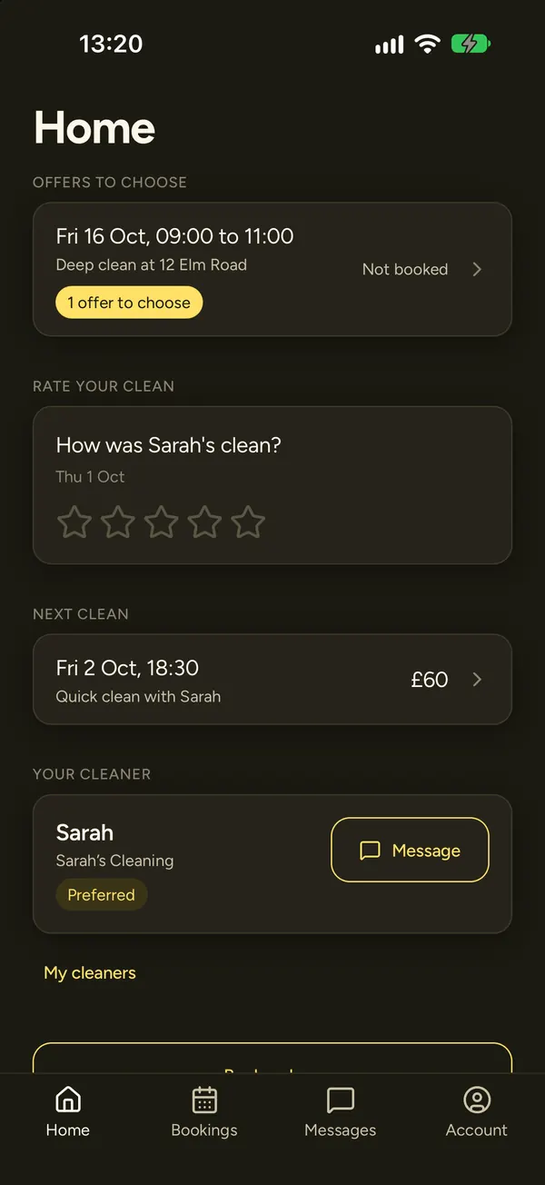 The client app's Home screen with an offer to choose for a deep clean, the next clean, and Sarah as the preferred cleaner