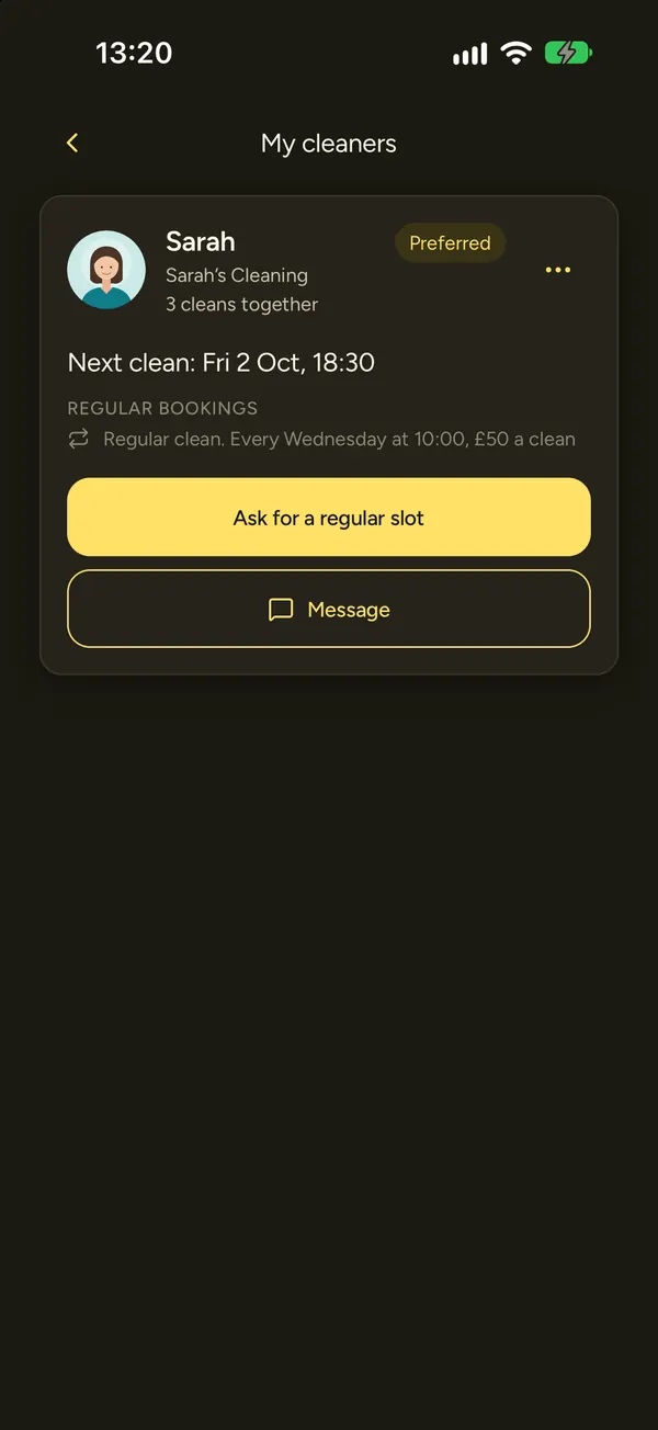 My cleaners, with Sarah marked Preferred, a regular clean every Wednesday at 10:00 and an Ask for a regular slot button