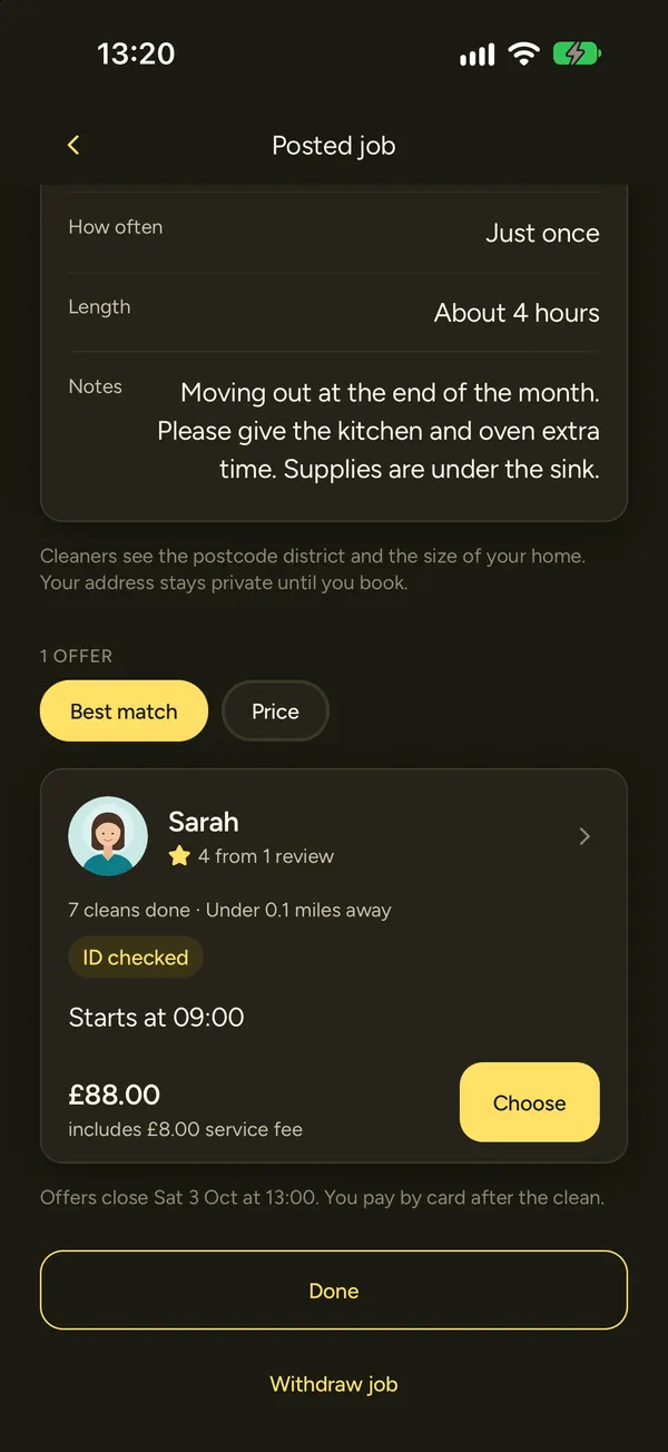 A posted job with an offer from Sarah showing the price, rating, cleans done, distance and the ID checked badge